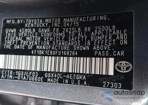 2015 Toyota Avalon Xle Premium from USA, damaged, VIN 4T1BK1EB0FU168284